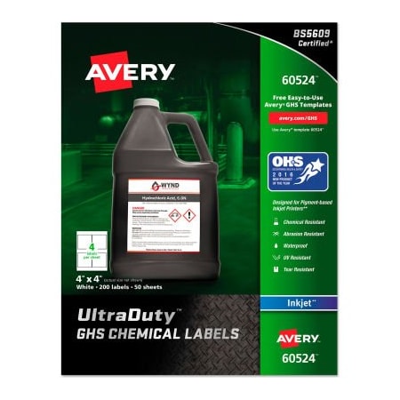 Avery Dennison Avery GHS Chemical Waterproof & UV Resistent Labels, Inkjet, 4in x 4in, 200/Pack 60524